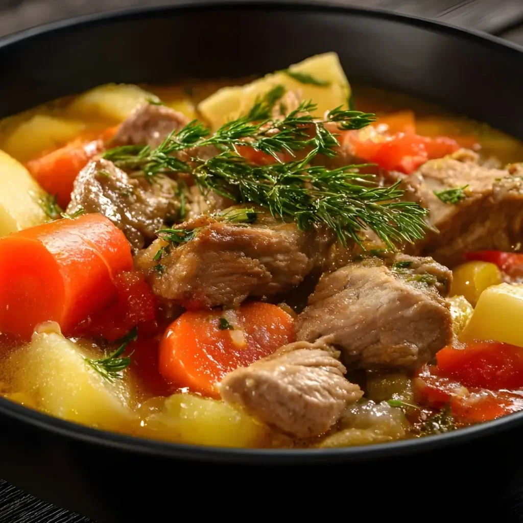 Carne de panela suculenta com batatas e cenouras servida em uma panela rústica.