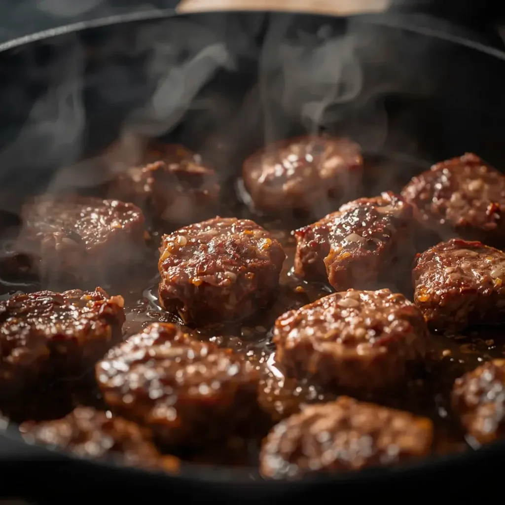 Close-up de carne bovina sendo dourada em uma frigideira de ferro com fumaça e brilho de óleo.