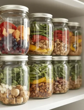 Comidas armazenadas em potes de vidros hermeticos