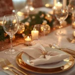 Detalhes de uma mesa bem posta com iluminação suave para criar um clima acolhedor.