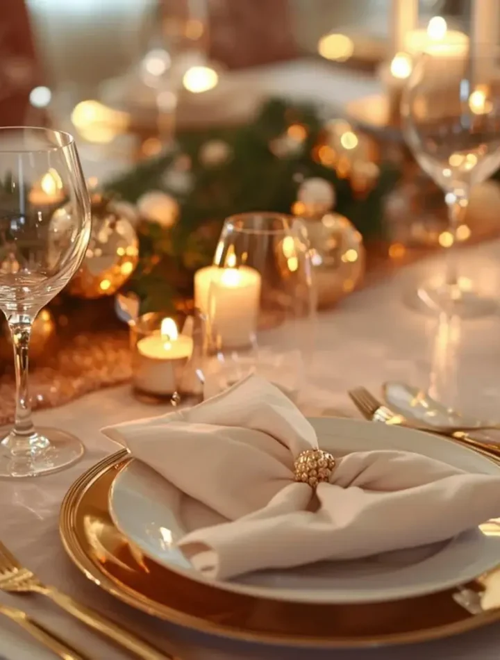Detalhes de uma mesa bem posta com iluminação suave para criar um clima acolhedor.