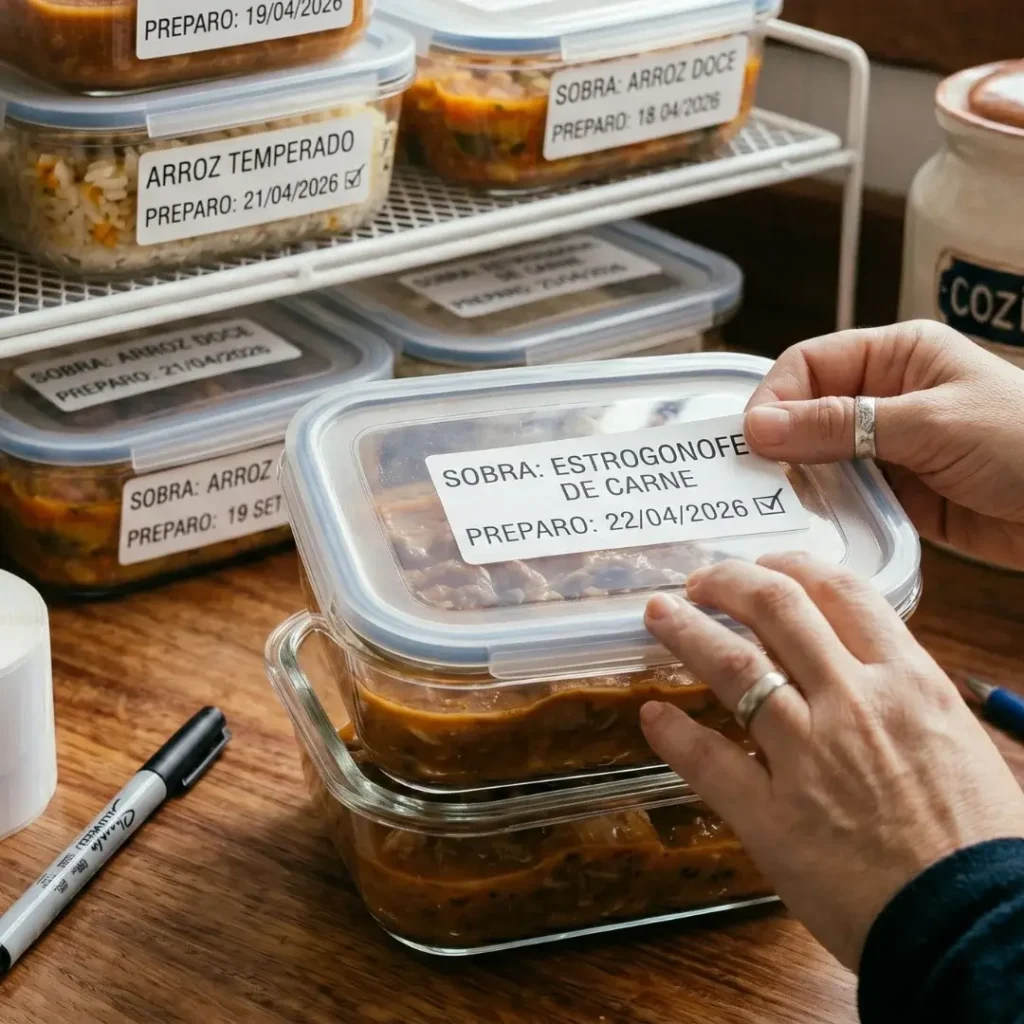Marcar a data de preparo nas sobras evita o consumo de alimentos vencidos e reduz o desperdício. Sistema de etiquetagem doméstica