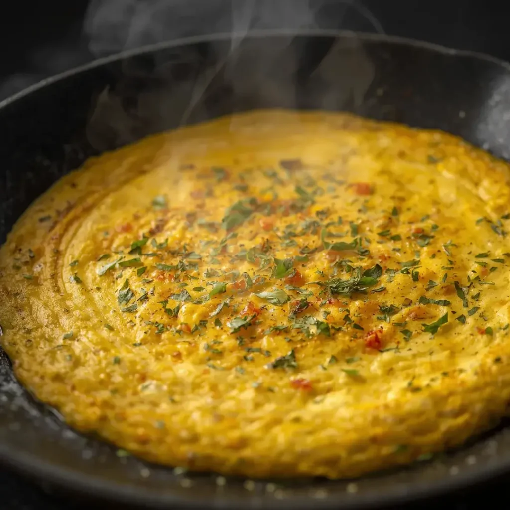 Omelete de cor amarela vibrante sendo preparada em uma frigideira antiaderente.