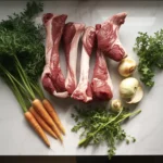 Ossos bovinos selecionados ao lado de cenouras, cebolas e temperos frescos em uma bancada de cozinha.