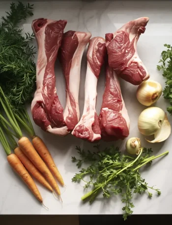 Ossos bovinos selecionados ao lado de cenouras, cebolas e temperos frescos em uma bancada de cozinha.