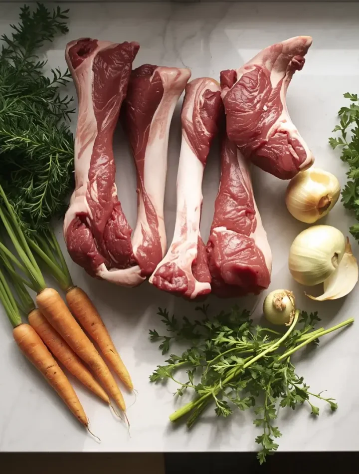 Ossos bovinos selecionados ao lado de cenouras, cebolas e temperos frescos em uma bancada de cozinha.