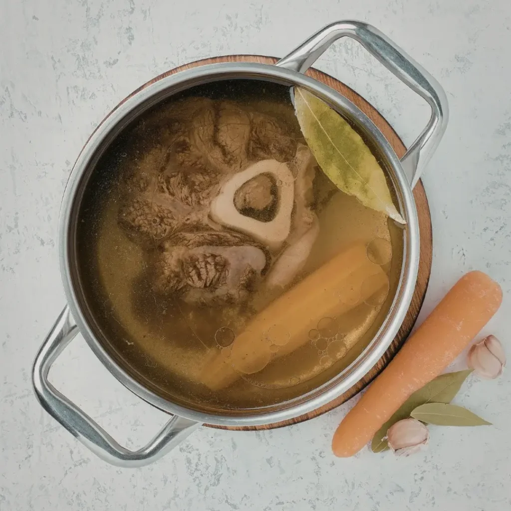 Panela com caldo borbulhando suavemente, mostrando pedaços de carne e vegetais imersos no líquido aromático.