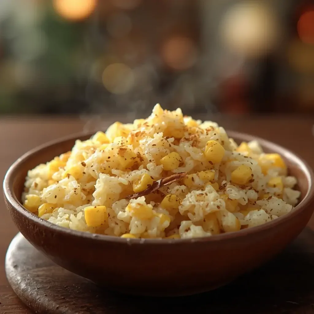 Prato de arroz frito soltinho misturado com pequenos pedaços de ovos mexidos e temperos.