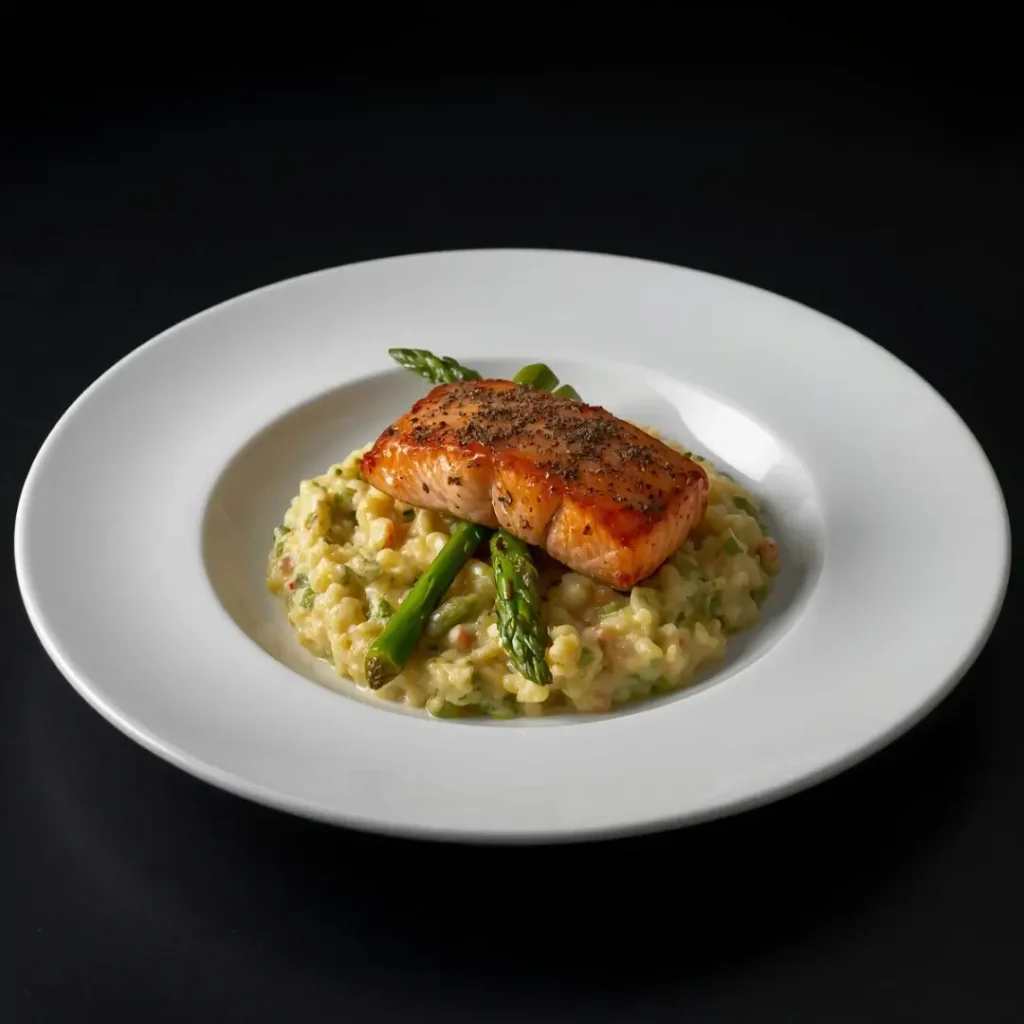 Prato principal sofisticado unindo a cremosidade do risoto com o frescor do peixe.