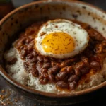 Uma tigela rústica contendo arroz branco soltinho, feijão preto caldoso e um ovo frito por cima.