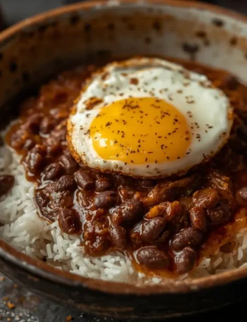 Uma tigela rústica contendo arroz branco soltinho, feijão preto caldoso e um ovo frito por cima.