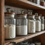 farinhas em Recipientes de vidro com vedação de borracha