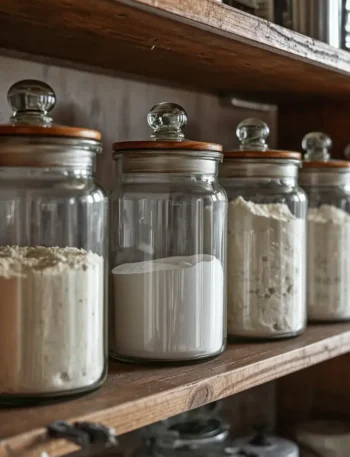 farinhas em Recipientes de vidro com vedação de borracha