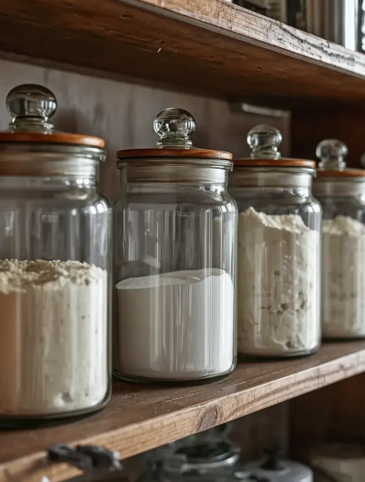 farinhas em Recipientes de vidro com vedação de borracha