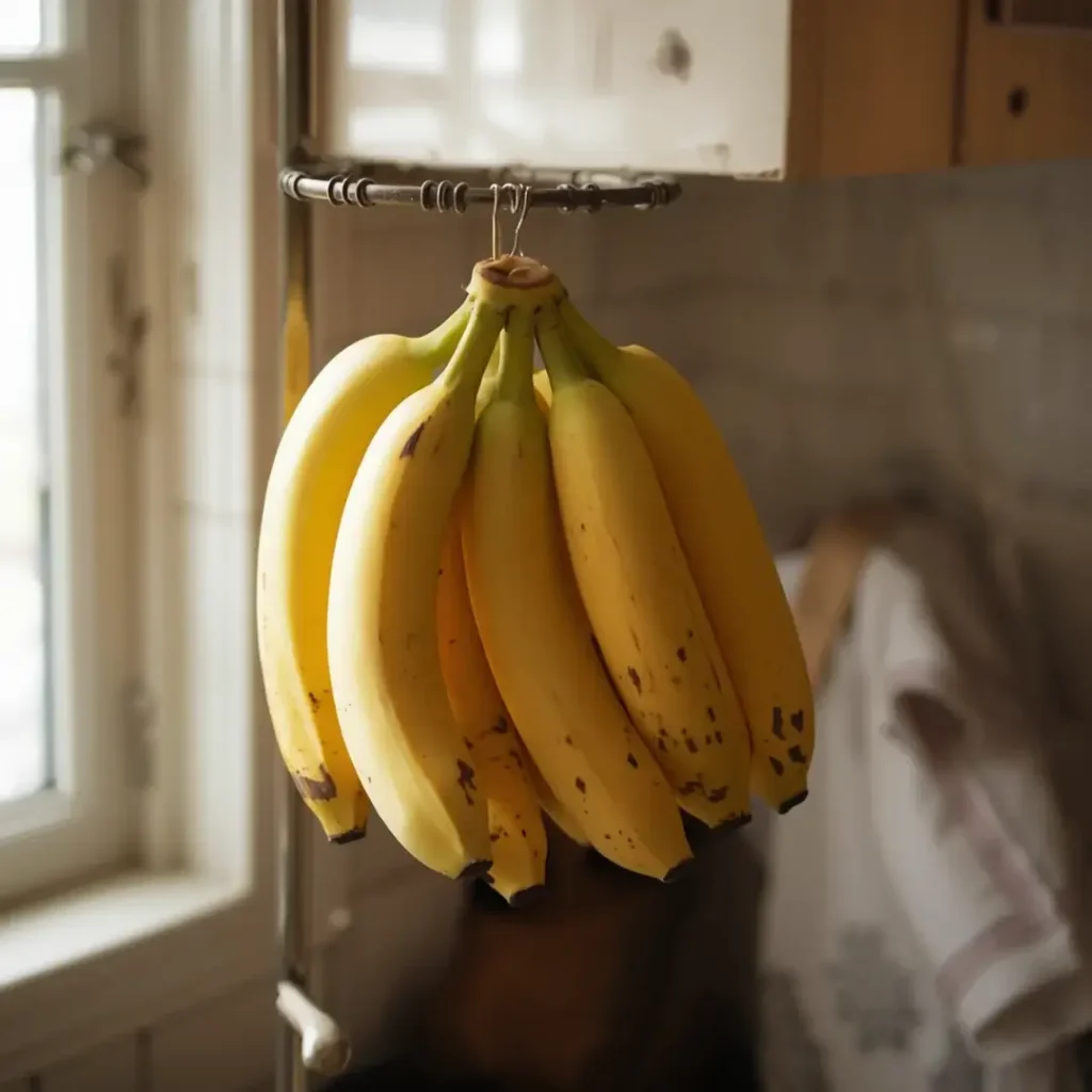 Bananas penduradas em um suporte na cozinha