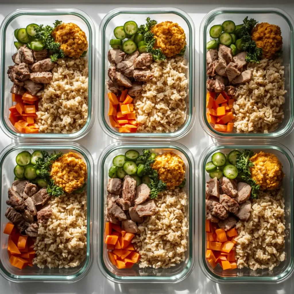 Diversas marmitas de vidro organizadas com porções de carne, arroz integral e legumes para o consumo semanal.